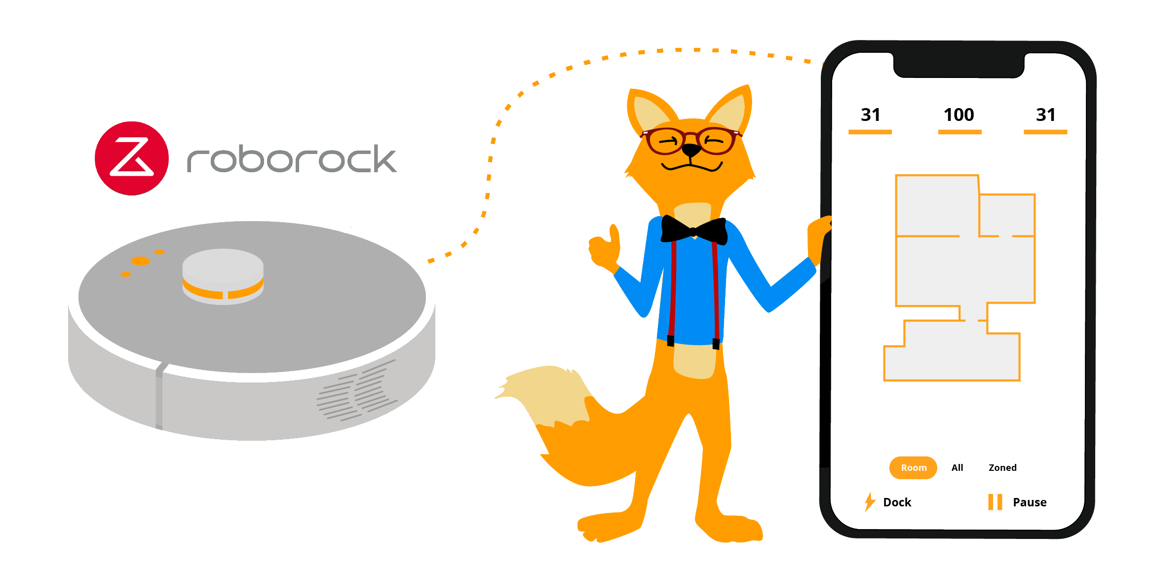 Умный лис Smart Home Fox управляет роботом-пылесосом с помощью приложения для мобильного телефона.